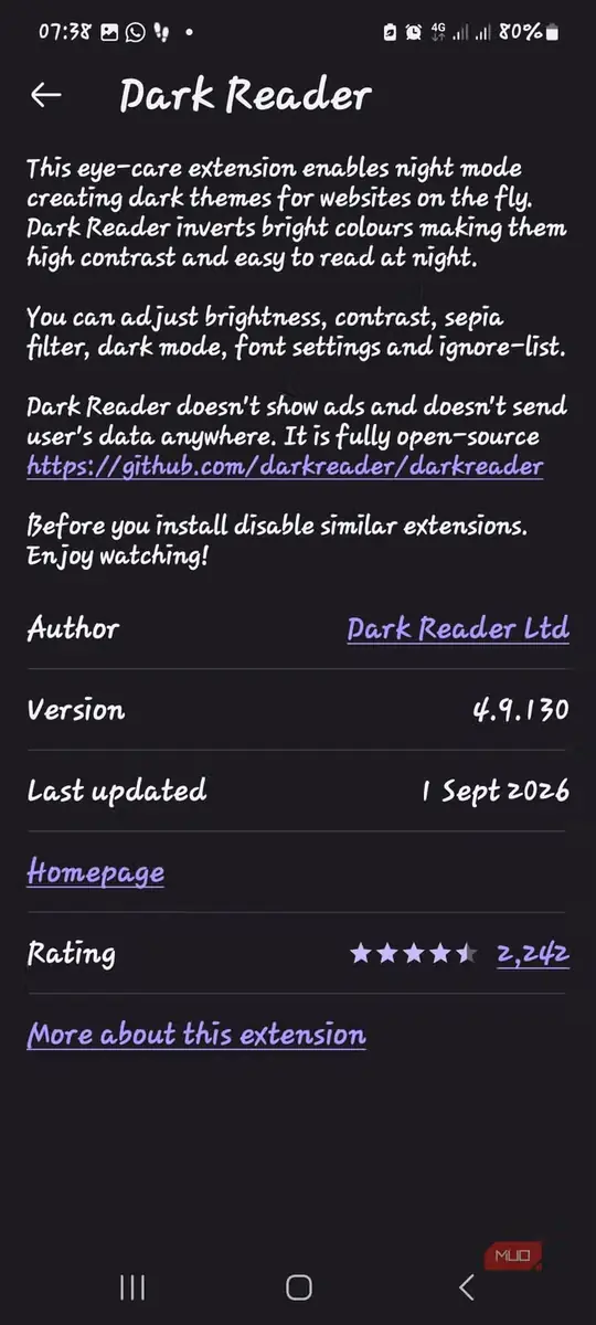 نمای افزونهٔ Dark Reader در Firefox Android