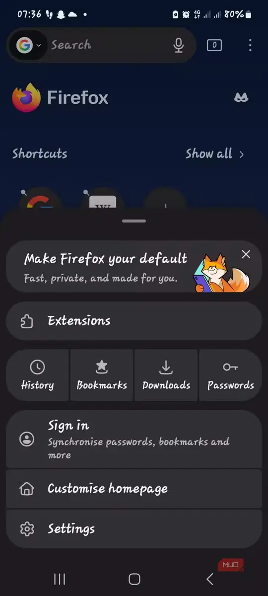 مرورگر Firefox Android با گزینهٔ افزونهها