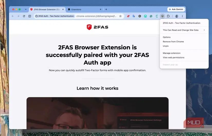 افزونهٔ مرورگر Chrome جفتشده با برنامهٔ 2FAS