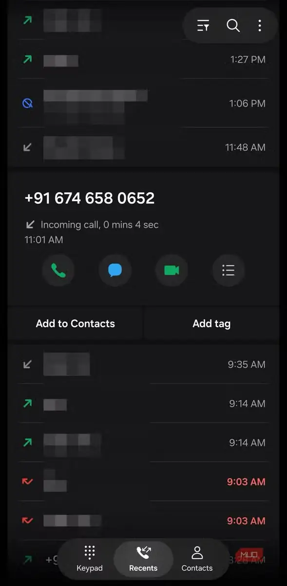 گزارش تماس‌های Samsung با گزینه افزودن برچسب