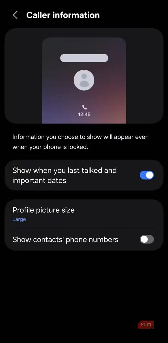 منوی تنظیمات اطلاعات تماس‌گیرنده در Samsung Phone