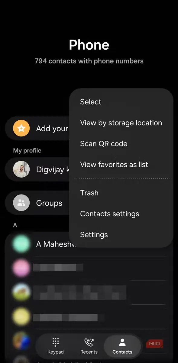 منوی مخاطبان Samsung Phone با گزینه سطل زباله