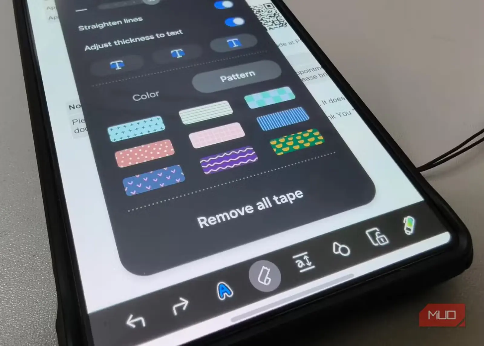 گزینه‌های الگوی ابزار Tape Tool در Samsung Notes