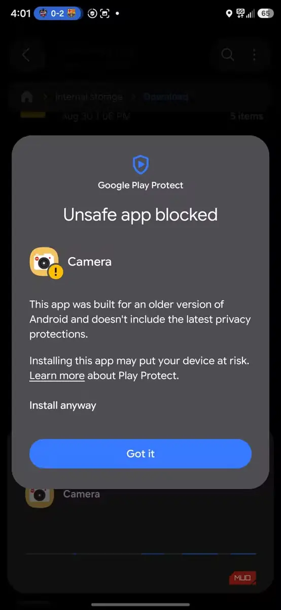 هشدار Google Play Protect دربارهٔ مسدود شدن برنامهٔ ناامن