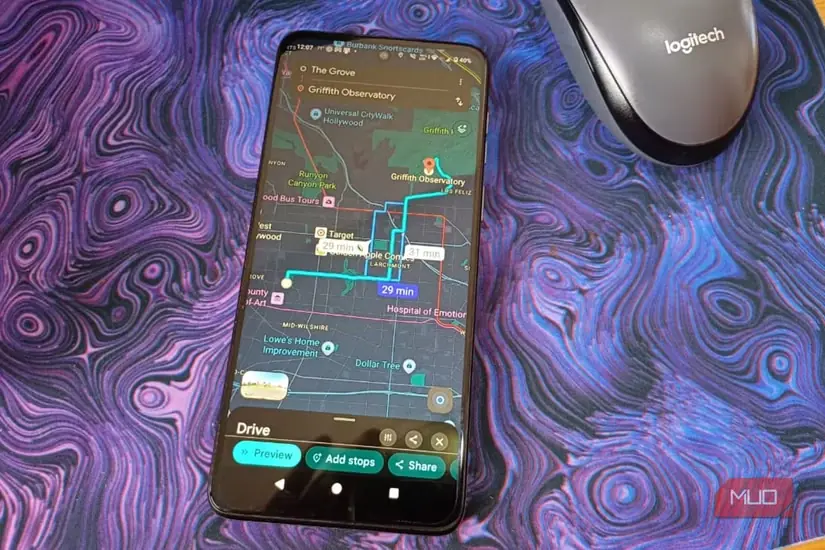 پیشنمایش مسیر Google Maps از گروو تا رصدخانه گریفیث همراه با زمان سفر