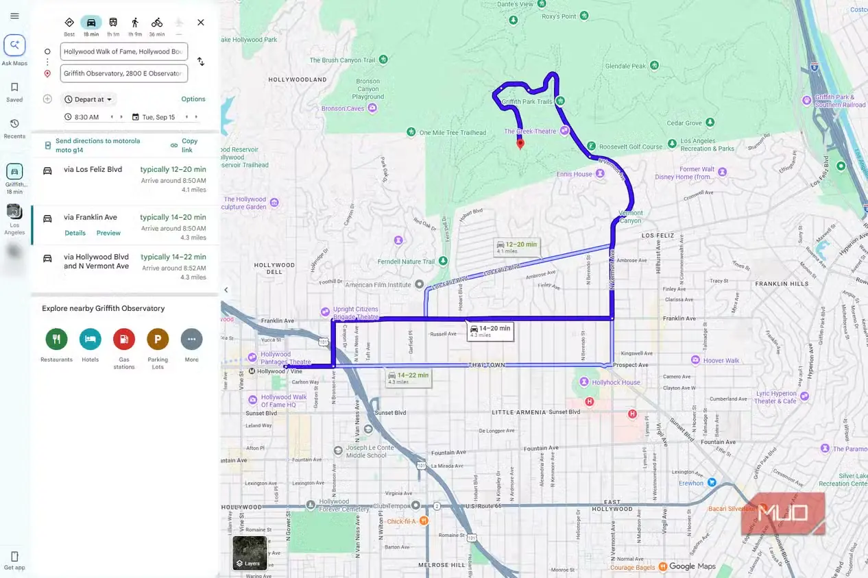 مقایسه مسیرهای جایگزین در Google Maps با برآوردهای نزدیک به هم برای حرکت در ساعت ۸:۳۰ صبح