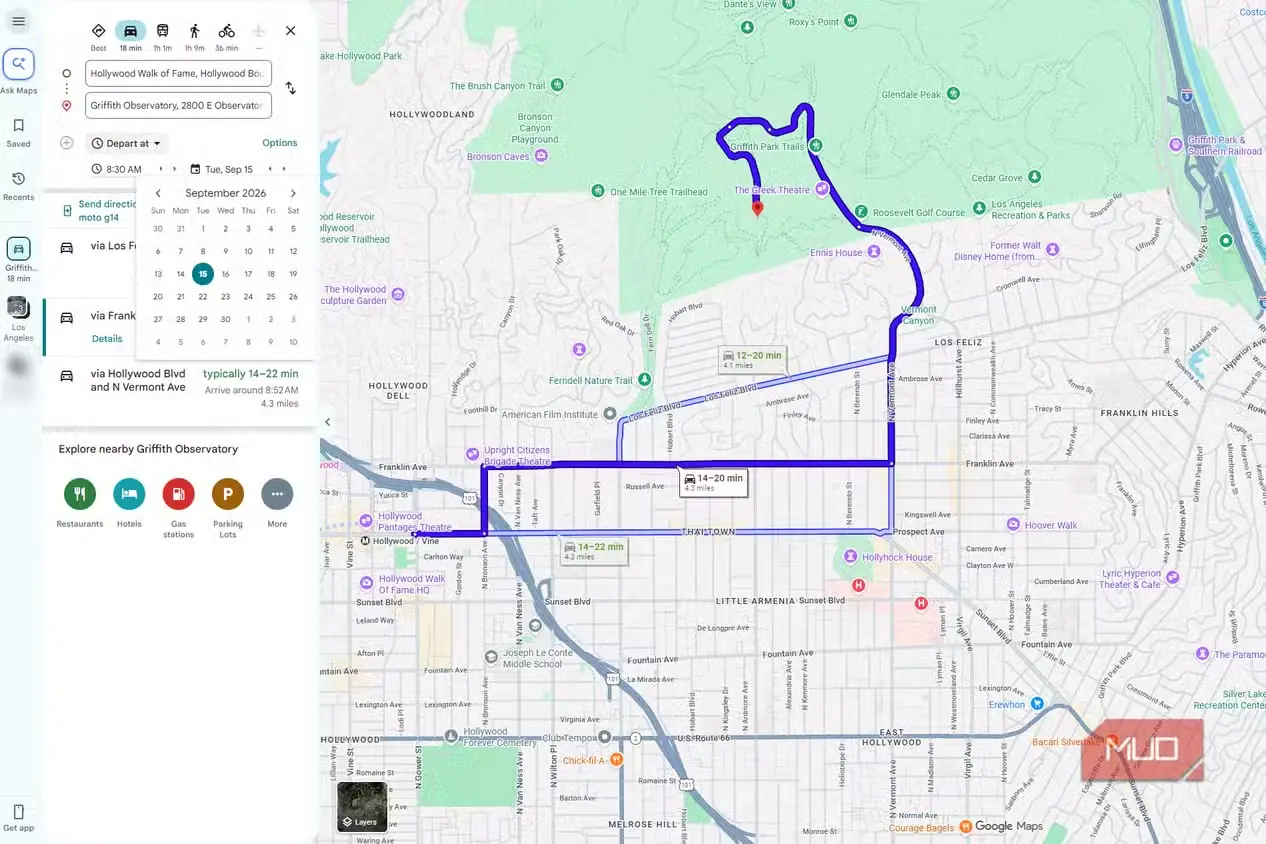 تقویم تاریخ حرکت در Google Maps برای انتخاب زمان راه افتادن