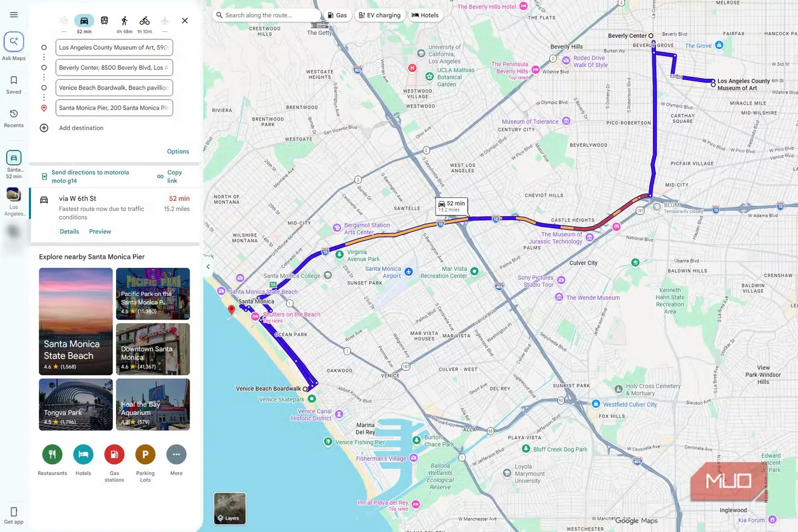 مسیر چندتوقفی Google Maps با فهرست مرتب موزه هنر شهرستان لسآنجلس، بورلی هیلز، گردشگاه ساحلی ونیز و اسکله سانتا مونیکا