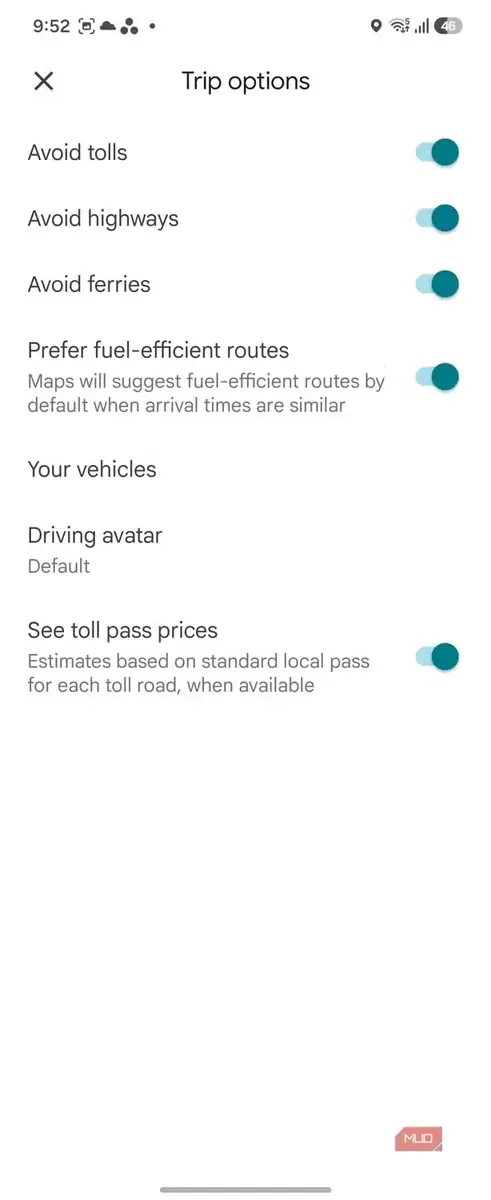 نمای رابط تنظیمات ترجیحات سفر در Google Maps