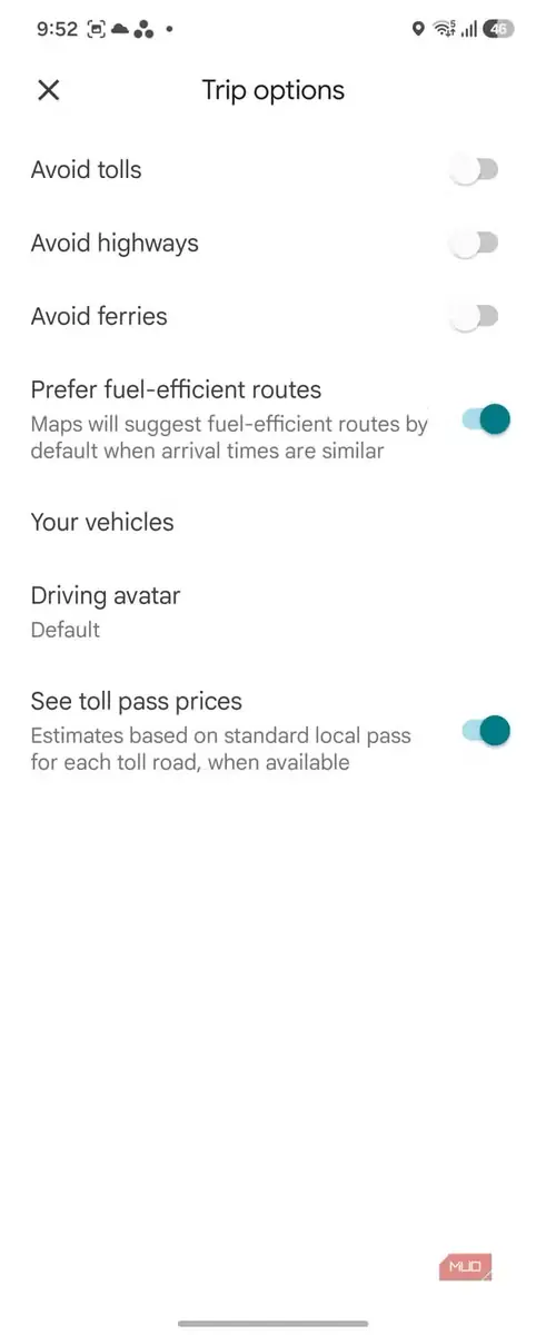 صفحه ترجیحات سفر Google Maps با تنظیمات مسیر و وسیله نقلیه