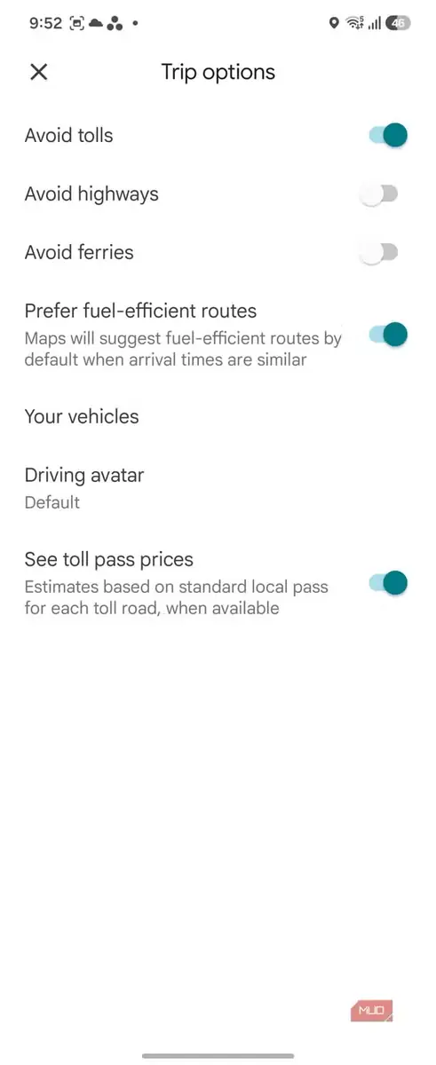 صفحه تنظیمات گزینههای سفر در Google Maps همراه با کلیدهای روشن و خاموش