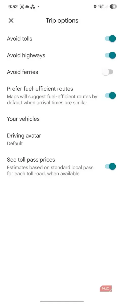 صفحه تنظیمات گزینههای سفر در Google Maps با ترجیحات مسیر
