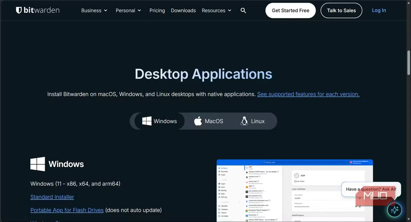 صفحه دریافت برنامههای دسکتاپ Bitwarden برای Windows، macOS و Linux