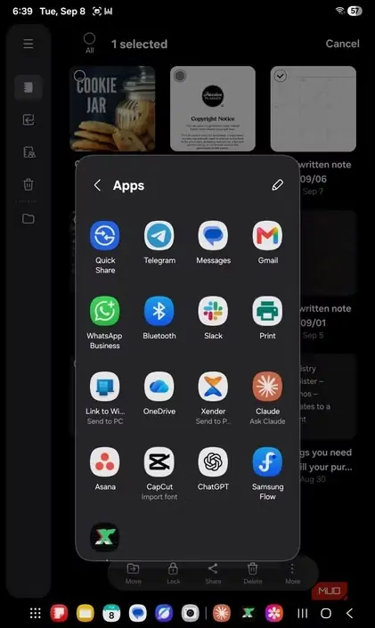 فهرست برنامههای مقصد برای همرسانی فایل Samsung Notes