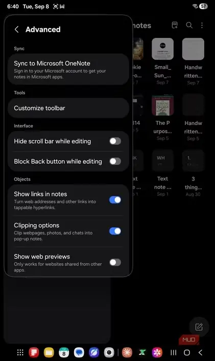 گزینه همگامسازی با OneNote در تنظیمات Samsung Notes