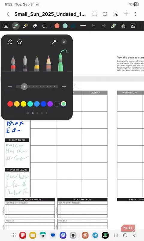 پنل ویرایش و شخصیسازی نوک قلم در Samsung Notes