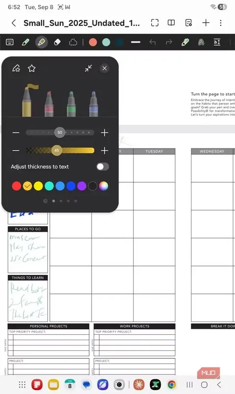 پنل شخصیسازی ابزار برجستهساز در Samsung Notes