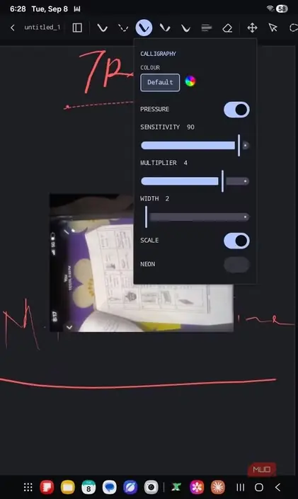 تنظیمات قلم xnotes برای حساسیت، ضریب، رنگها و ضخامت