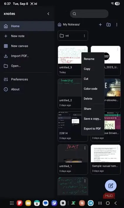 انتخاب گزینه برونبری به PDF در xnotes