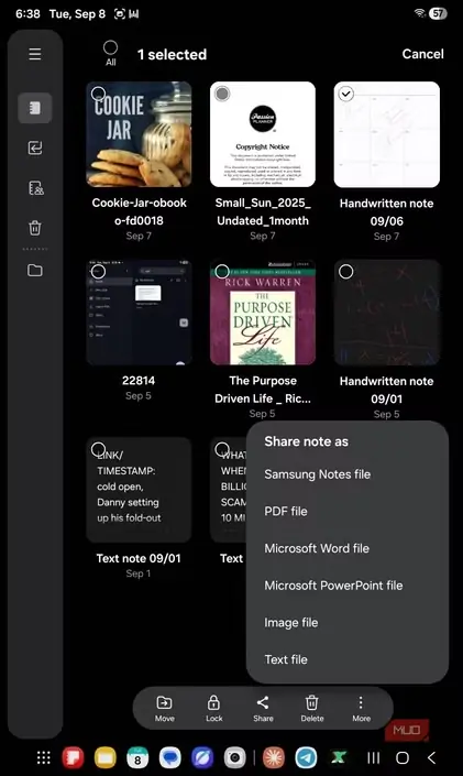 انتخاب گزینه فایل برای همرسانی در Samsung Notes