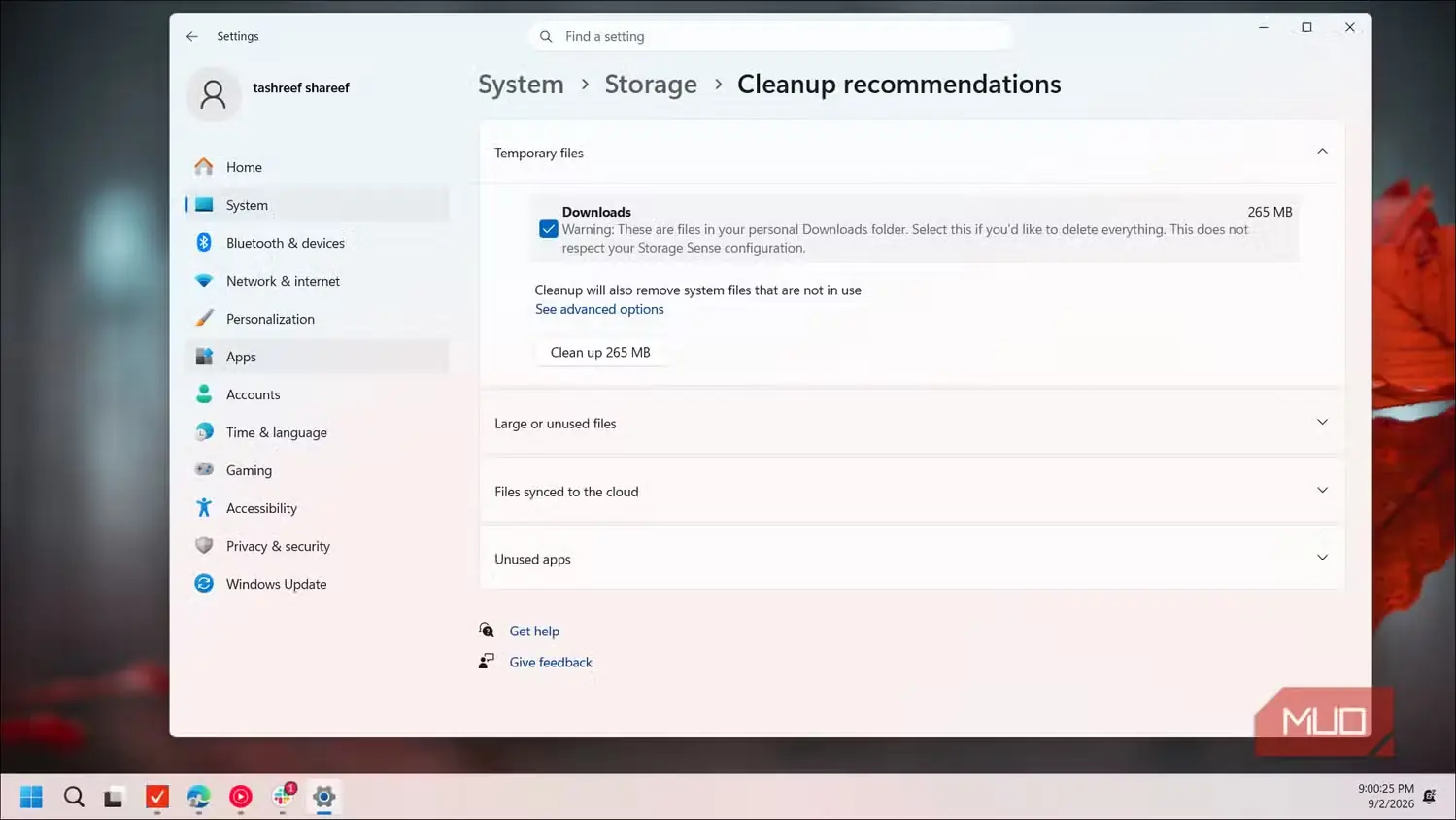 صفحهٔ تنظیمات پیشنهادهای پاکسازی فضای ذخیرهسازی در سیستم Windows