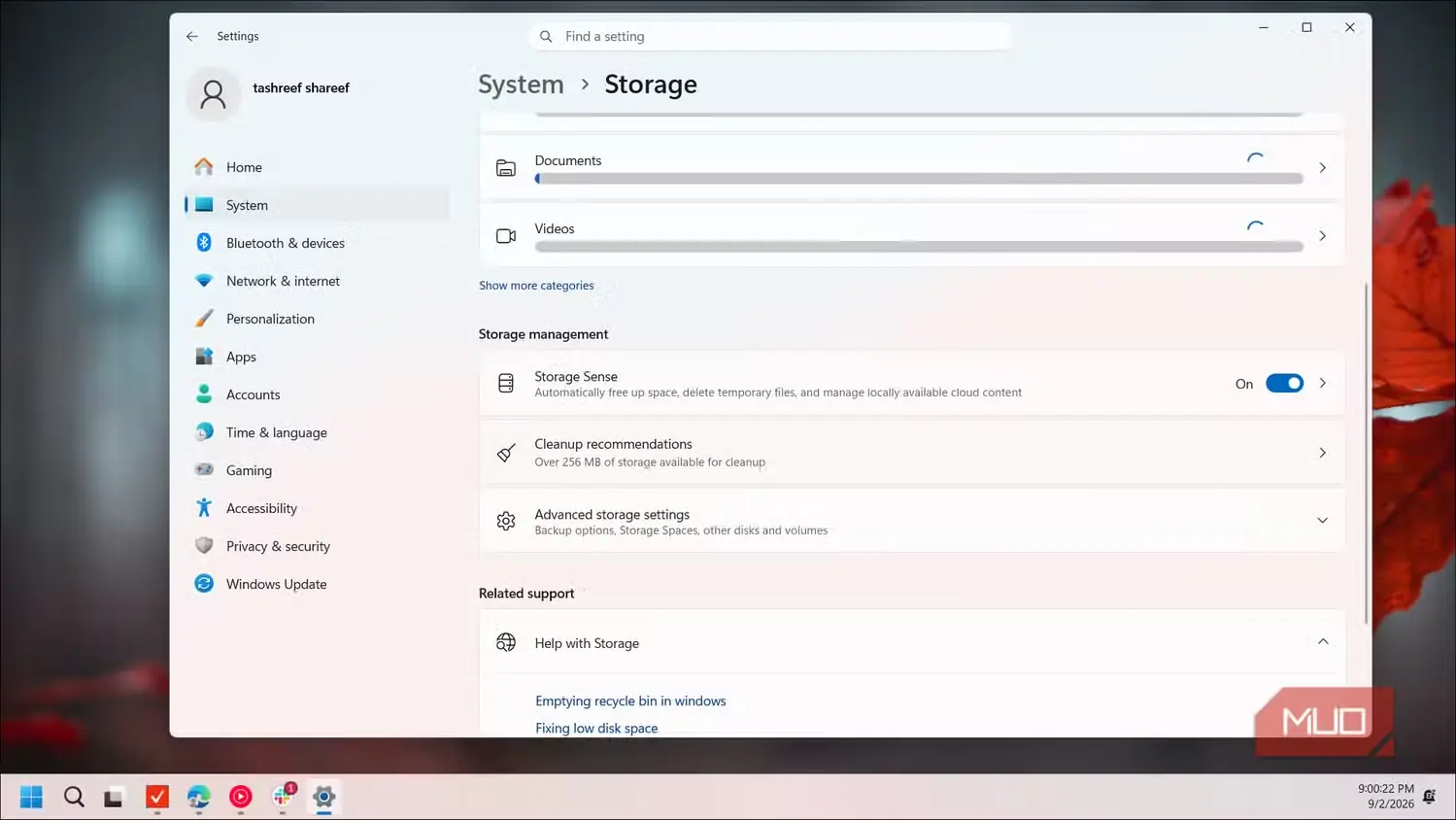 صفحهٔ مدیریت فضای ذخیرهسازی سیستم در تنظیمات Windows