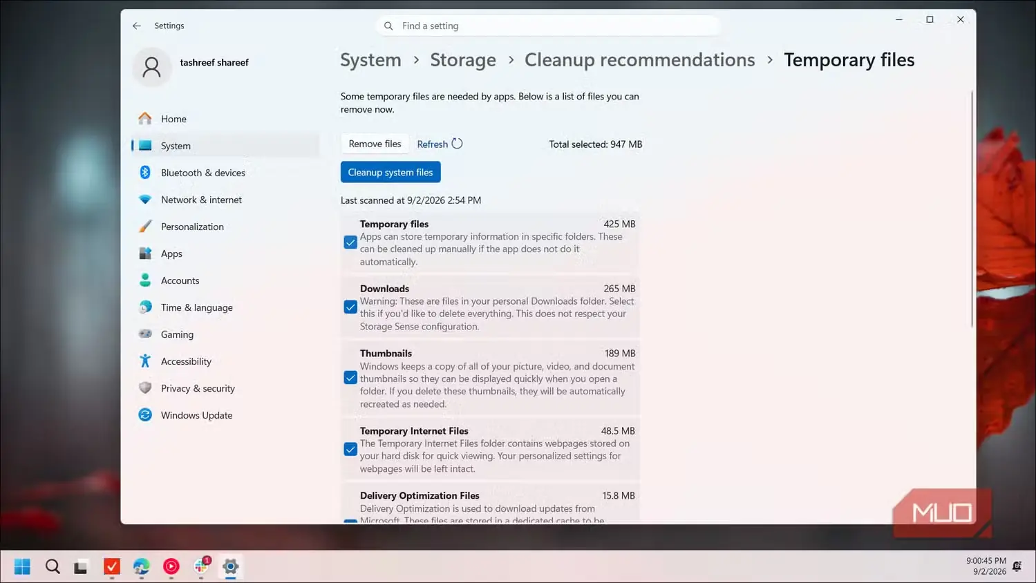 فهرست فایلهای موقت برای پاکسازی فضای ذخیرهسازی سیستم در تنظیمات Windows