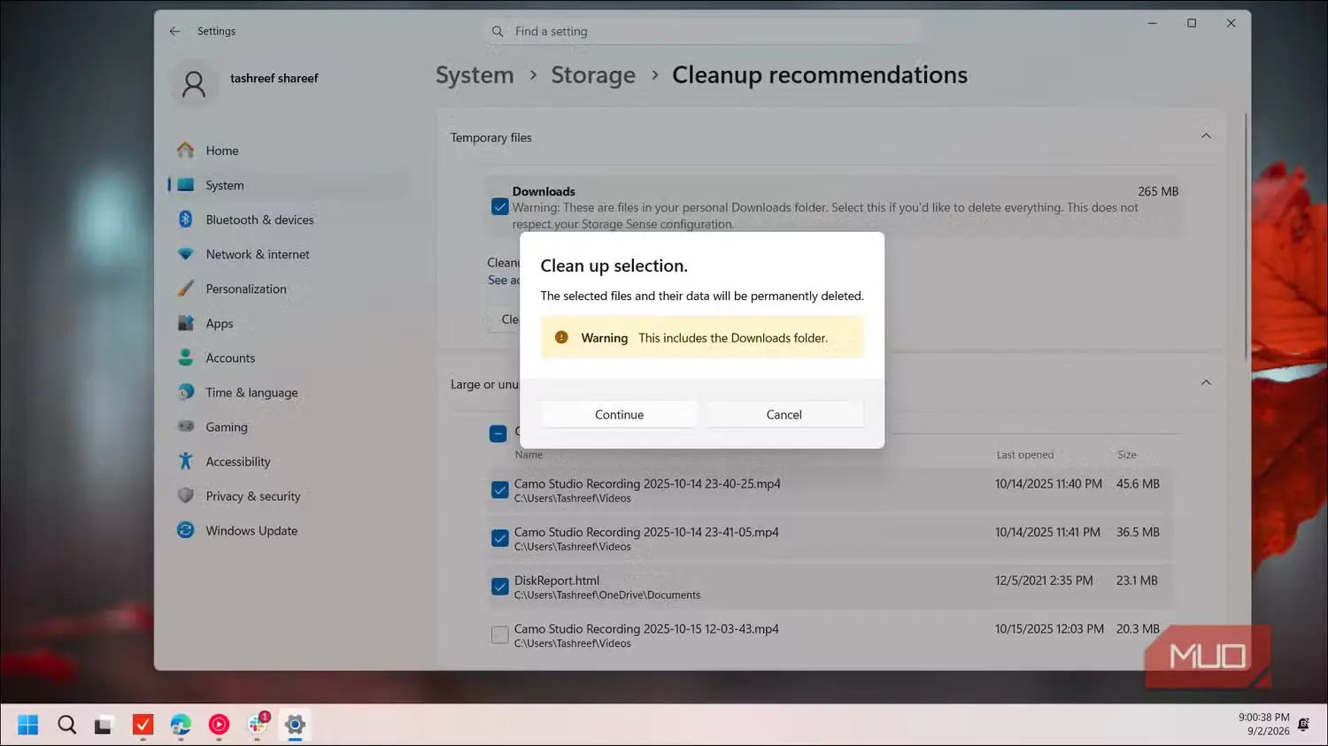 پنجرهٔ تأیید پیشنهادهای پاکسازی فضای ذخیرهسازی در سیستم Windows