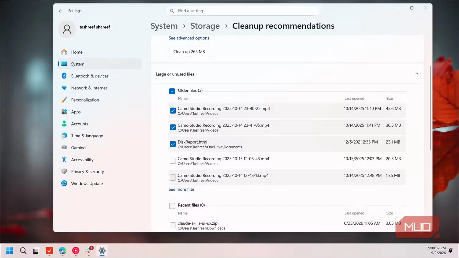 نمای کاربری پیشنهادهای پاکسازی فضای ذخیرهسازی در تنظیمات سیستم Windows