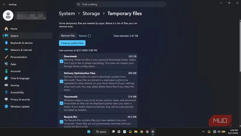 ابزار پاکسازی حسگر ذخیرهسازی در Windows 11 با حجم کل 2.47 GB و همهٔ گزینههای انتخابشده