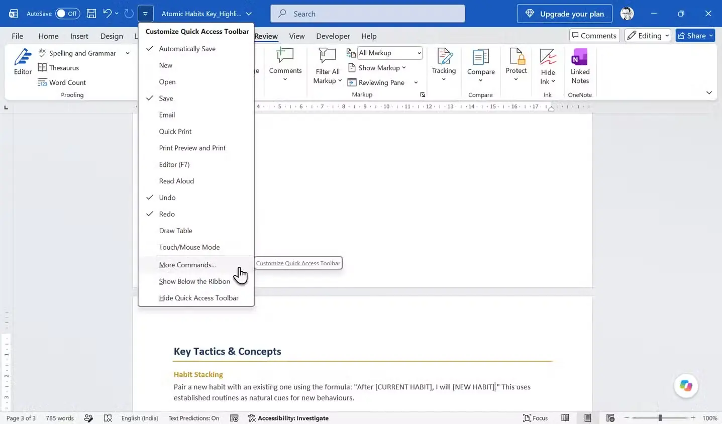 باز کردن منوی Customize Quick Access Toolbar در Word