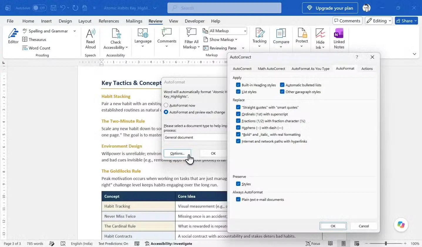 پنجرهٔ AutoFormat در کنار همهٔ گزینههای AutoCorrect