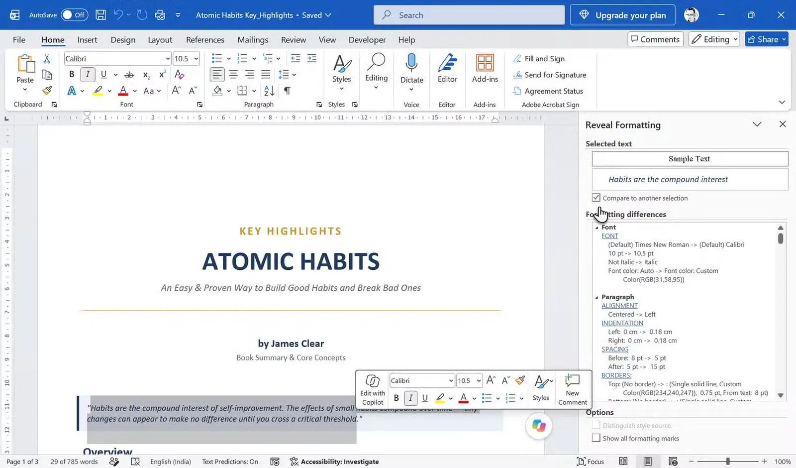 بخش Reveal Formatting در Word با جزئیات قلم و فاصلهگذاری و گزینهٔ فعال Compare to another selection