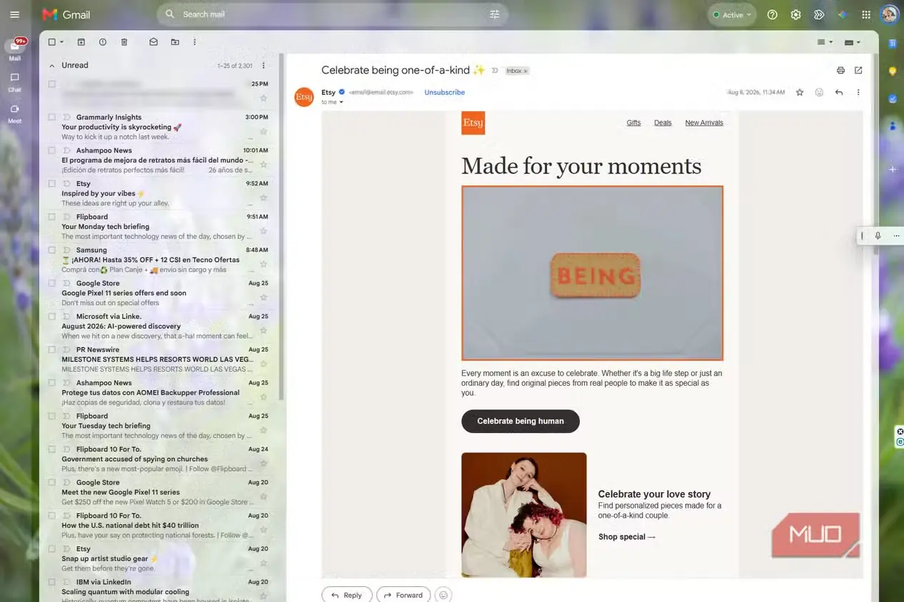 نمای Gmail با هر دو پنل کناری پنهان و خبرنامهٔ Etsy در فضای خواندن پهنتر با جای بیشتر برای محتوای ایمیل