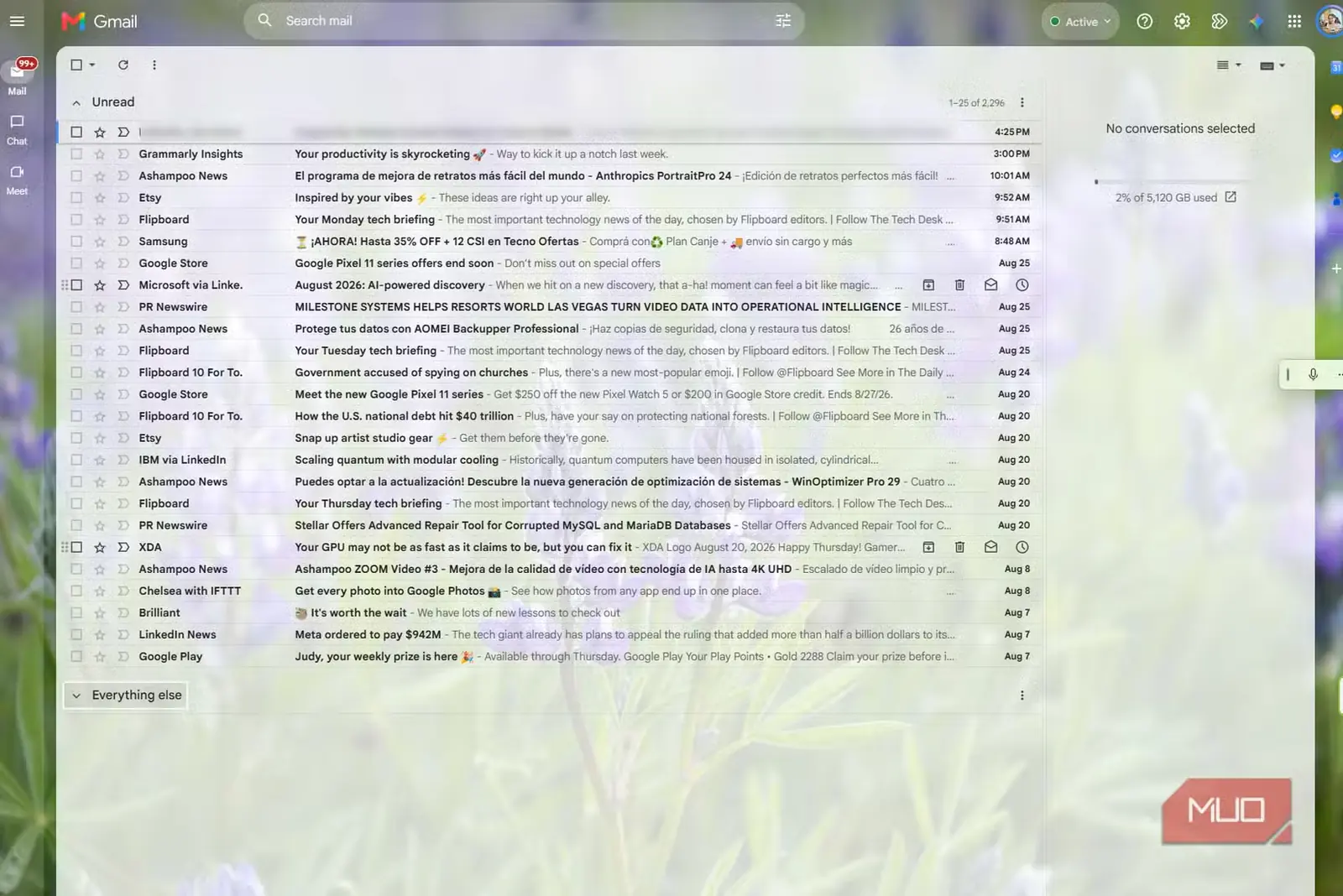 صندوق ورودی Gmail با هر دو پنل کناری پنهان که عنوانهای بلندتر و متن پیشنمایش بیشتری را در فهرست پیامها نشان میدهد