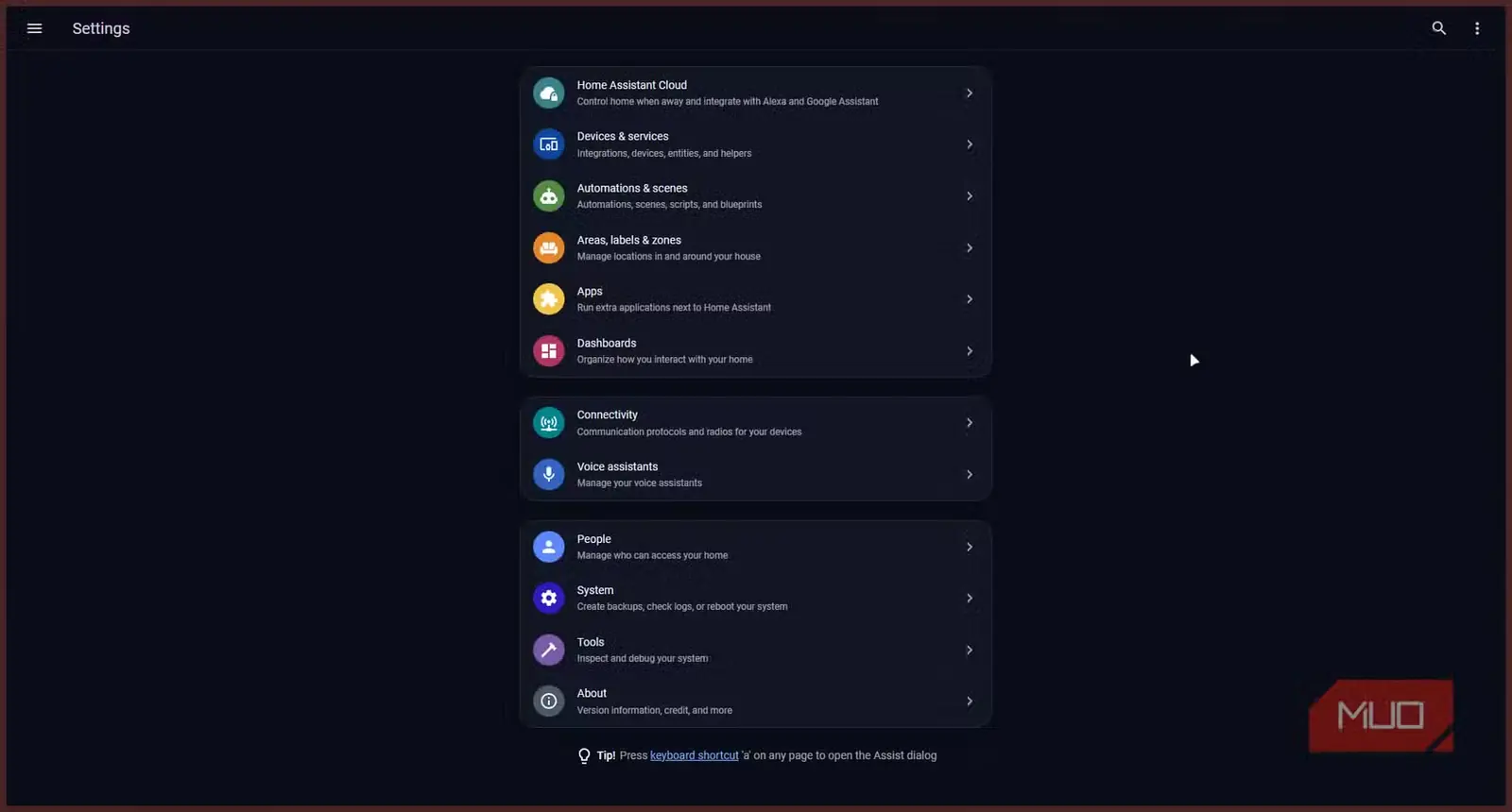 فهرست تنظیمات بهروزشده Home Assistant