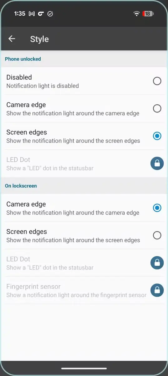 صفحه تنظیمات برنامه aodNotify