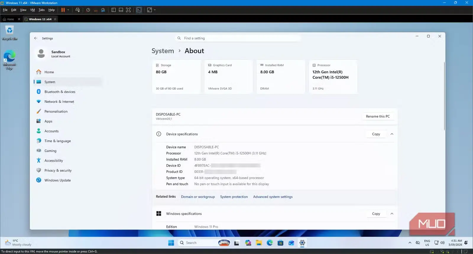صفحهٔ اطلاعات سیستم در ماشین مجازی Microsoft Windows 11