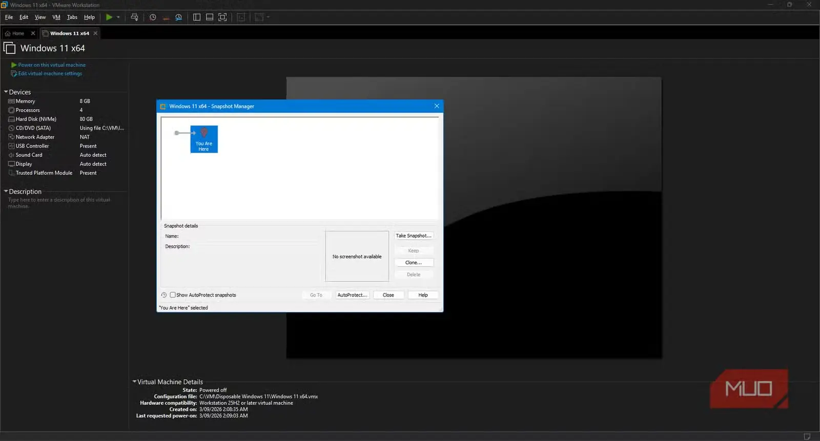 نمای VMware Workstation Pro بدون هیچ اسنپشات ماشین مجازی، پیش از فعالسازی حالت ناپایدار