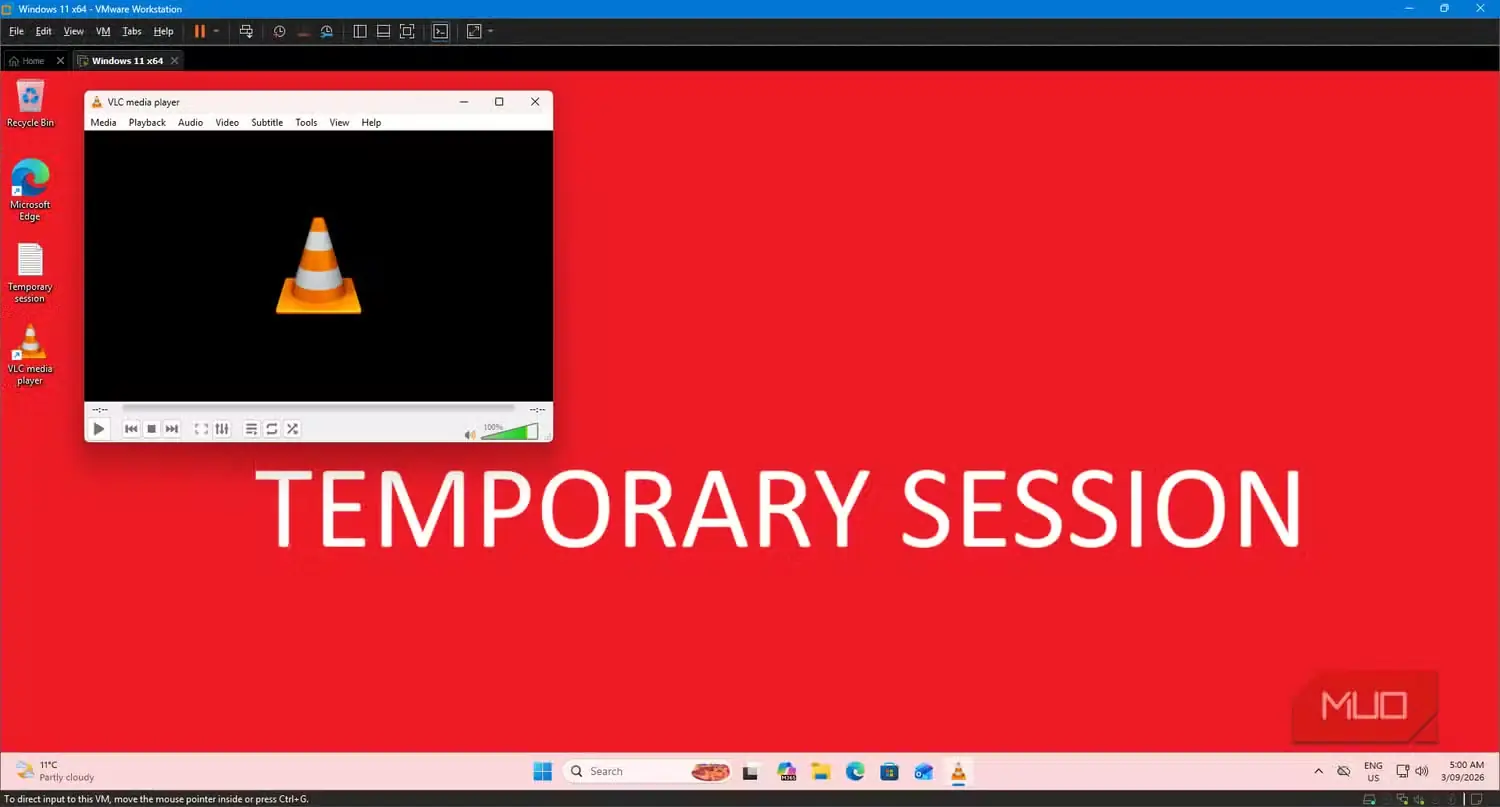 نصب پخشکنندهٔ VLC برای اثبات باقینماندن برنامهها در حالت ناپایدار