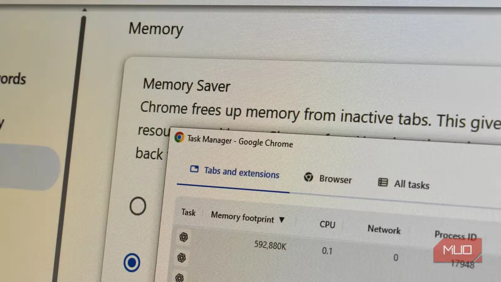 تنظیمات حافظهٔ Google Chrome در مدیر وظایف