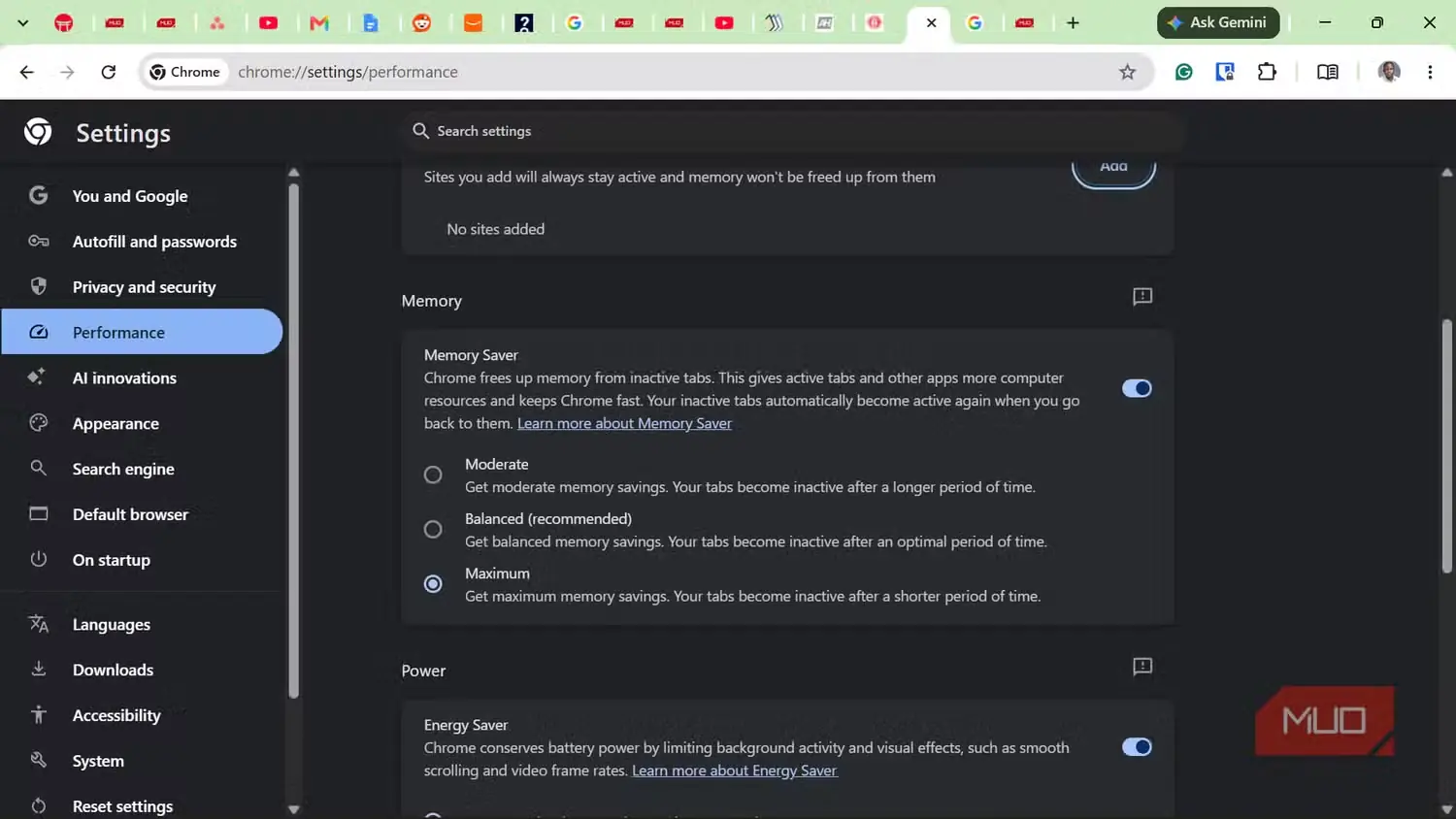 تنظیمات عملکرد Google Chrome همراه با گزینهٔ صرفهجویی در حافظه