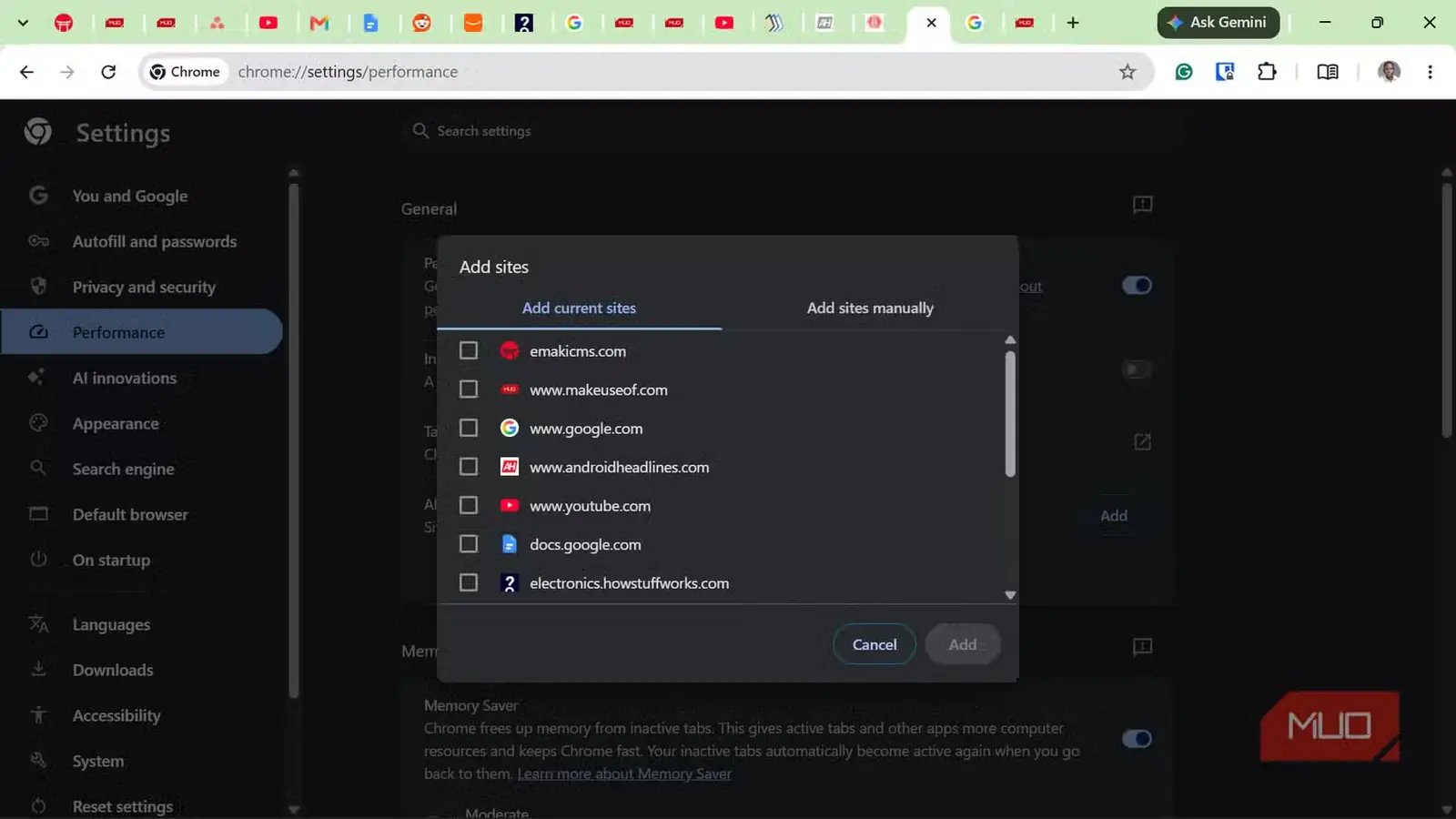 پنجرهٔ افزودن سایتها در تنظیمات عملکرد Chrome