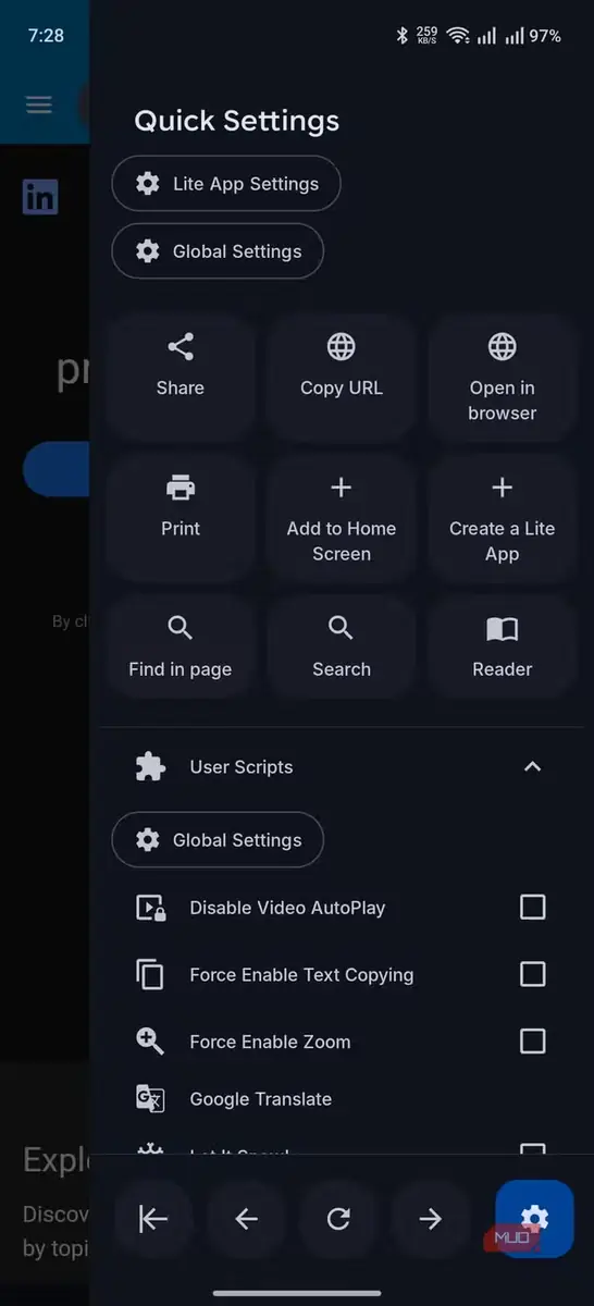 نمایش تنظیمات سریع کشویی در برنامهٔ Hermit