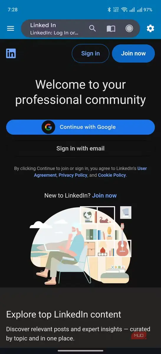 نمایش صفحهٔ نخست برنامهٔ سبک LinkedIn در Hermit