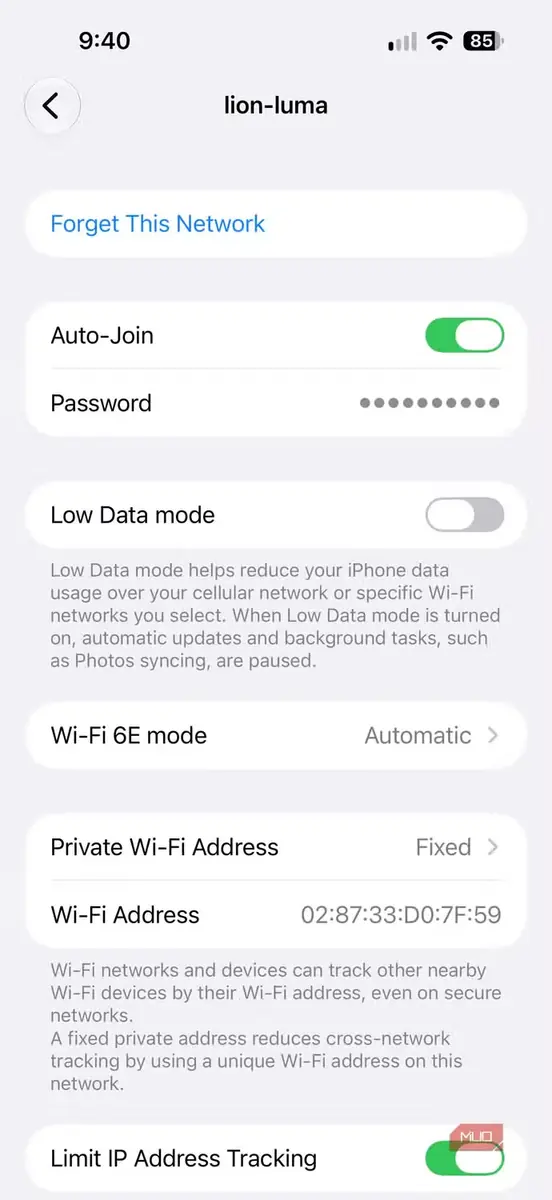 صفحه تنظیمات وایفای در iPhone