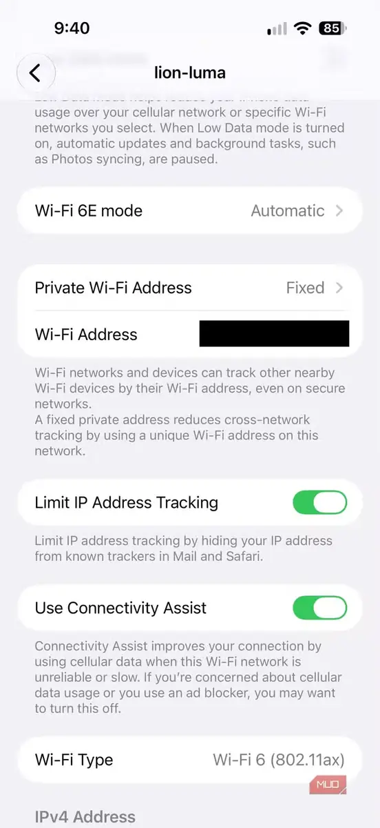 گزینههای تنظیمات وایفای در iPhone