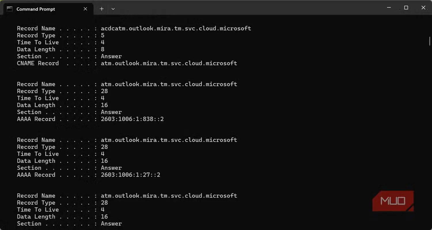 نتایج بیشتر Outlook پس از پویش IPconfig