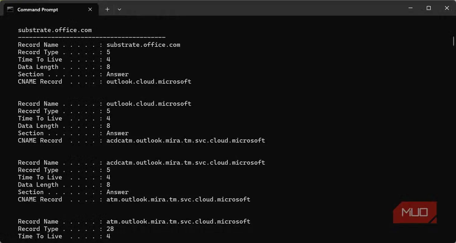 نتایج Outlook پس از اجرای فرمان IPconfig