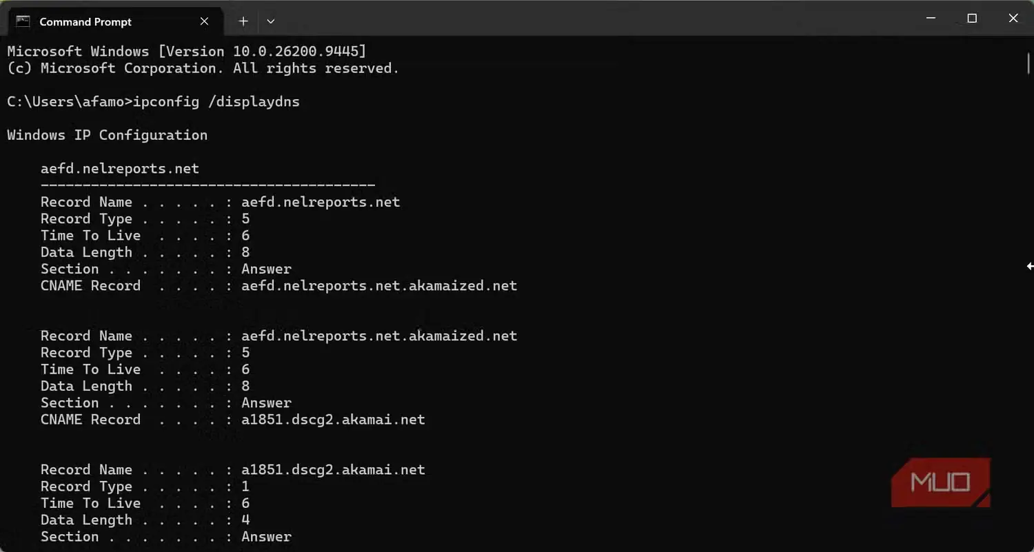 صفحه گزارش فرمان IPconfig